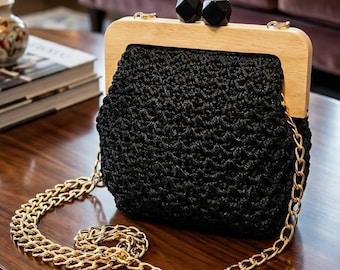 Hand Crocheted Women’s Bag with Wooden Frame and Chain Strap Boho Purse