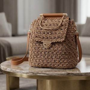 Hand Crocheted Backpack Bag with Metal Handle and Leather Strap Boho Purse