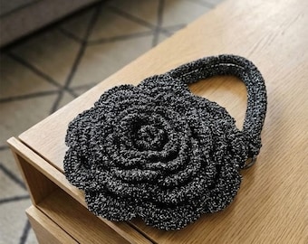 Crochet Rose Bag, Sparkly Black Evening Handbag, Unique Statement Purse