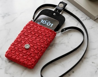 Crochet Phone Bag Small Crossbody Cell Phone Pouch with Leather Flap