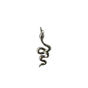 Puede incluir: Un colgante de metal plateado con forma de serpiente enroscada. El colgante presenta una superficie lisa y reflectante con una pequeña anilla en la parte superior para su sujeción. La serpiente aparece en una posición vertical sinuosa.