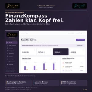Op de afbeelding: Een digitale financiële planner-interface genaamd FinanzKompass met een donkerpaarse zijbalk en een wit dashboard met kwartaalstaafdiagrammen, financiële gegevens en betalingsoverzichten in euro's.