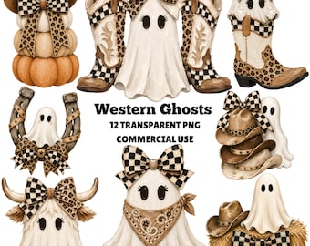 Western Ghost PNG Bundle, Halloween Western PNG, Cowboy Halloween Clipart, Boho Halloween Design, Leopard Ghost PNG, Commercial Use png
