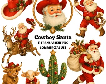 Cowboy Santa PNG Bundle, Christmas Cowboy Clipart, Western Cowboy Christmas PNG, Santa Face PNG, Santa Clause png, Christmas Cactus