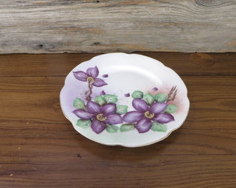 Vintage Hand Painted Clematis Plate with Signature Porcelain Austria Plate Purple Clematis Decorative Plate Wall Decor