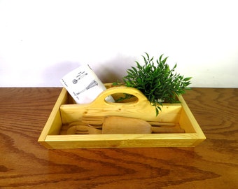 Pine Utensil Holder Wooden Garden Tote Hand Crafted Solid Pine Farmhouse Kitchen Decor Rustic Home Decor Divided Pine Tray