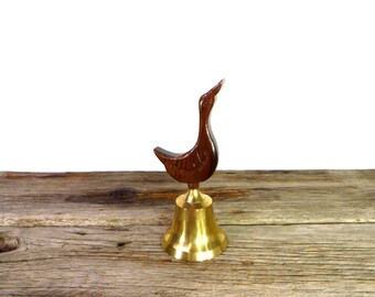 Vintage Bells Of Sarna Brass Bell With Wooden Bird Carved Wooden Bird Bell 1960's Home Decor Dinner Bell Retro Desk Bell