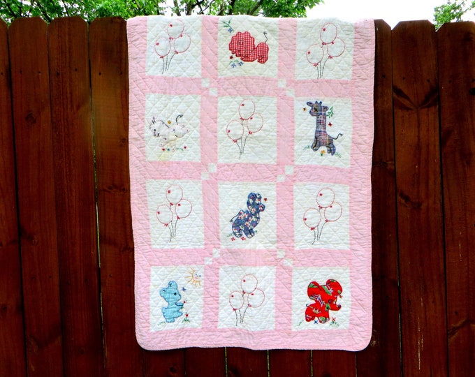 Vintage Hand Stitched Baby Quilt Whimsical Animal Child's Etsy