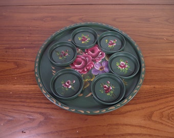 Vintage Hand Painted Tray With 6 Matching Coasters Retro Serving Tray French Country Decor Floral Tray Country Farmhouse Serving Tray