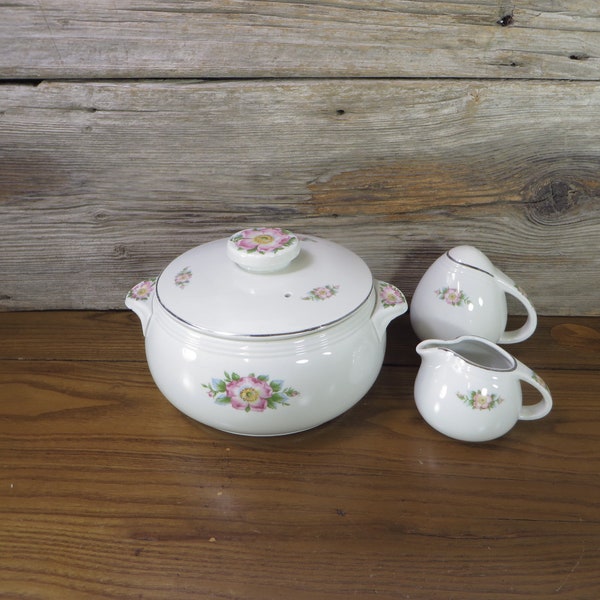 Hall China Rose Parade Casserole Creamer and Shaker White Casserole with Pink Roses Hall Rose White 1940's Kitchen Cottage Chic Kitchen