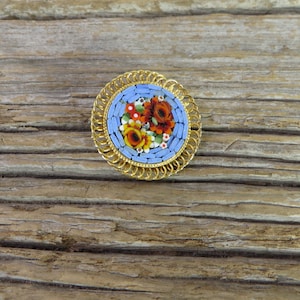 Vintage Italian Micro Mosaic Brooch Floral Gold Tone Jewelry
