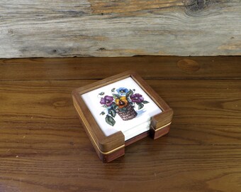 Pansy Coasters with Wooden Holder Spring Floral Coasters Cottage Chic Home Decor Hand Painted Drink Coasters with Flowers