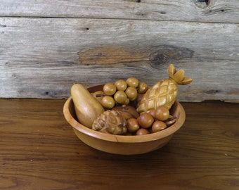 Vintage Wooden Fruit with Wood Bowl Rustic Kitchen Decor Fall Decorations Country Farmhouse Decor Retro 1960's Kitchen
