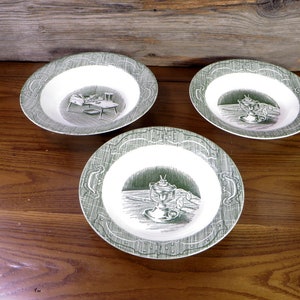 Royal China Old Curiosity Shop Serving and Rimmed Soup Bowls Green and White 1950's Dinnerware English Themed Dishes