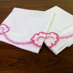 Vintage Floral Embroidered Pillowcases: Pink Flowers, French Knots and tatting