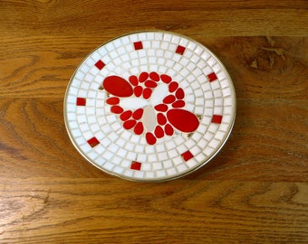 Mid Century Mosaic Tile Dish Retro Red And White Mosaic Plate With Gold Trim 1960's Home Decor