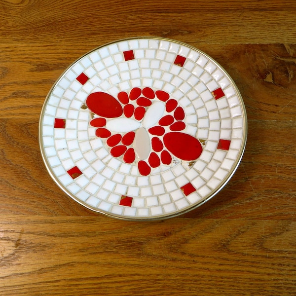 Mid Century Mosaic Tile Dish Retro Red And White Mosaic Plate With Gold Trim 1960's Home Decor