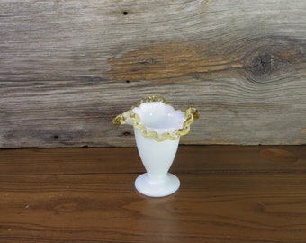 Fenton Gold Crest Vase Elegant Glassware Milk Glass Vase with Gold Ruffled Edge Cottage Chic Decor 1960's Retro Home Decor