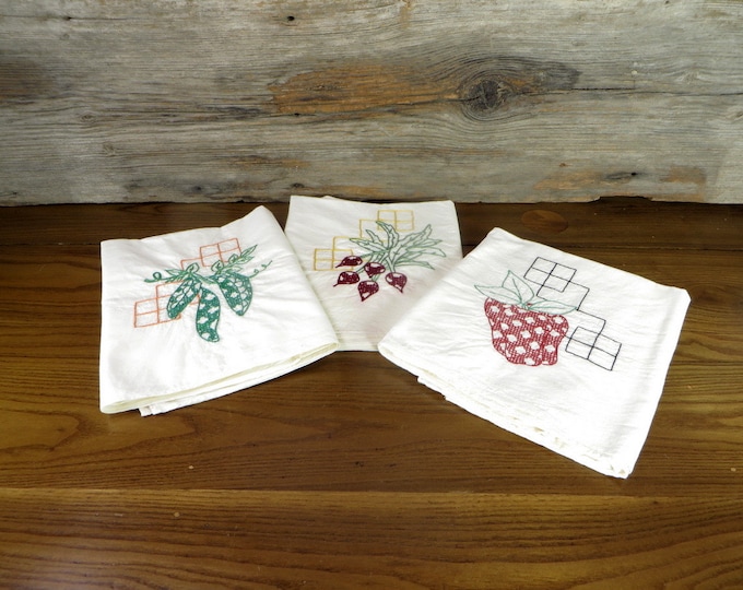 Vintage Kitchen Towels 3 Tea Towels With Embroidered Fruit and