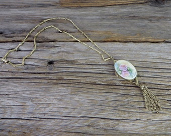 Vintage Hand Painted Pendant Necklace Gold Chain with Tassel Hand Painted Pink Roses Necklace Signed