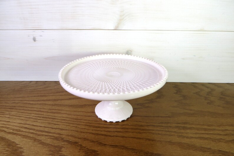 S Pink Milk Glass Cake Stand Jeannette Company 1950 Retro Kitchen Decor Opaque Pedestal Plate