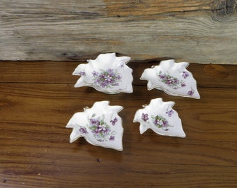 Vintage Lefton Violets Stacking Leaf Shaped Dishes Small Purple Violet Plates Candy, Nut or Ring Dishes Cottage Home Decor Floral Dishes