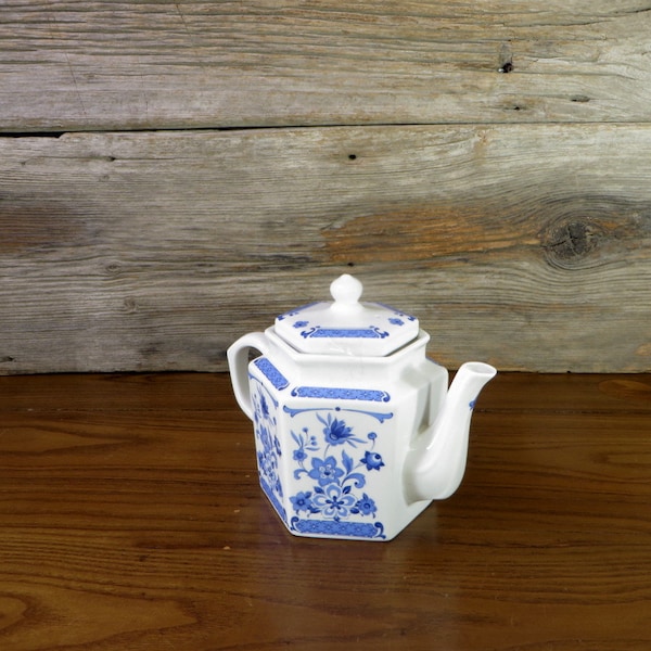 Vintage Blue and White Teapot Hexagon Shaped Teapot Porcelain Tea Server Floral Teapot Cottage Chic Kitchen French Farmhouse Decor