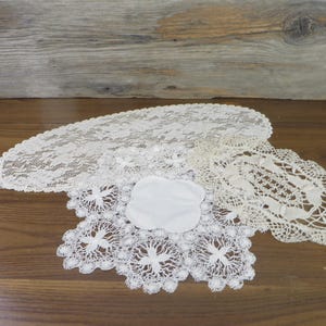 Vintage Crocheted Doilies Set Ecru Butterfly, Floral Lace, White Square