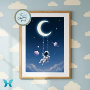 Astronaut Moon Swing Nursery Print | Whimsical Galaxy Art (Digital Download)
