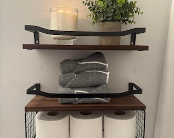 Floating Shelves with Wire Storage Basket | Bathroom or Kitchen Organizer | Modern Vanity Shelf | Farmhouse Wall Decor Storage Rack