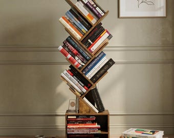 6 Tier Tree Bookshelf with Storage Shelfs | Small Bookcase | Corner Book Shelf | Floor Standing Bookshelf | Rustic Décor
