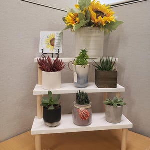 May include: A three-tiered white wooden shelf unit displaying potted plants and sunflowers. The top shelf holds a vase of sunflowers, a small sign, and a succulent. The lower shelves feature various succulents in pots. The unit is 12 inches wide.