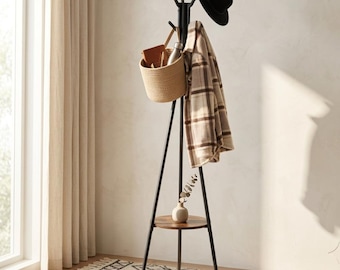 Wood & Metal Coat Rack With 9 hooks, Standing Coat Rack, Garment Rack, Hat and Bag Hanger, Hallway Organizer, Clothing Rack