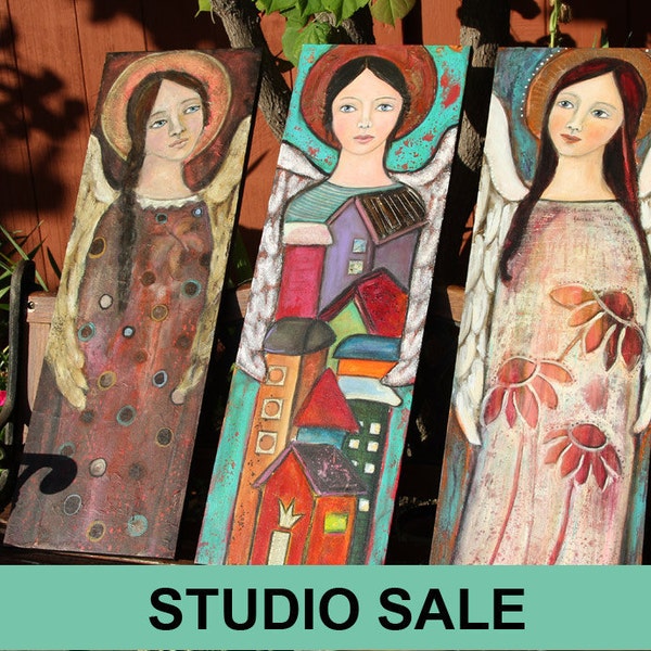 Studio Closing Sale - 20% discount coupon - Protectors - Original angel painting triptych  36 x 36