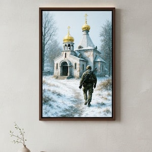 May include: Framed art print depicting a soldier walking towards a church in a snowy landscape. The church features golden domes and a white facade. The artwork is set in a winter scene with bare trees.