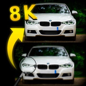 Puede incluir: Un coche BMW blanco con parrilla negra y faros. La imagen muestra una comparación de la resolución del coche, con el texto "8K" y una flecha amarilla que apunta al coche.