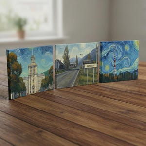 May include: Three square canvas art prints with landscape scenes in a Van Gogh-inspired style. One depicts a building, another a road with a sign reading "KAMMUCOBO", and the third a tower under a starry sky.