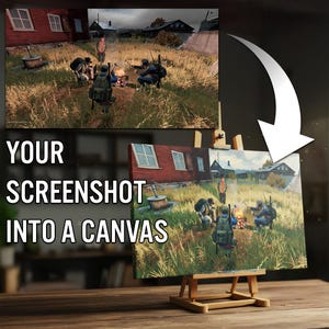 Könnte beinhalten: Ein Leinwanddruck auf einer hölzernen Staffelei zeigt eine detaillierte Szene im Freien mit Figuren um ein Lagerfeuer. Der Text "YOUR SCREENSHOT INTO A CANVAS" ist sichtbar. Die Szene spielt in einem grasbewachsenen Feld mit Gebäuden im Hintergrund.