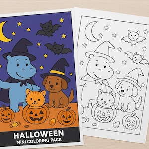 K&ouml;nnte beinhalten: Zwei Halloween-Malvorlagen. Eine ist farbig mit einem blauen Nilpferd, einem braunen Hund und einer orangefarbenen Katze, alle mit Hexenh&uuml;ten. Die andere ist eine Schwarz-Wei&szlig;-Umrisszeichnung. Der Text "HALLOWEEN MINI COLORING PACK" steht unten.