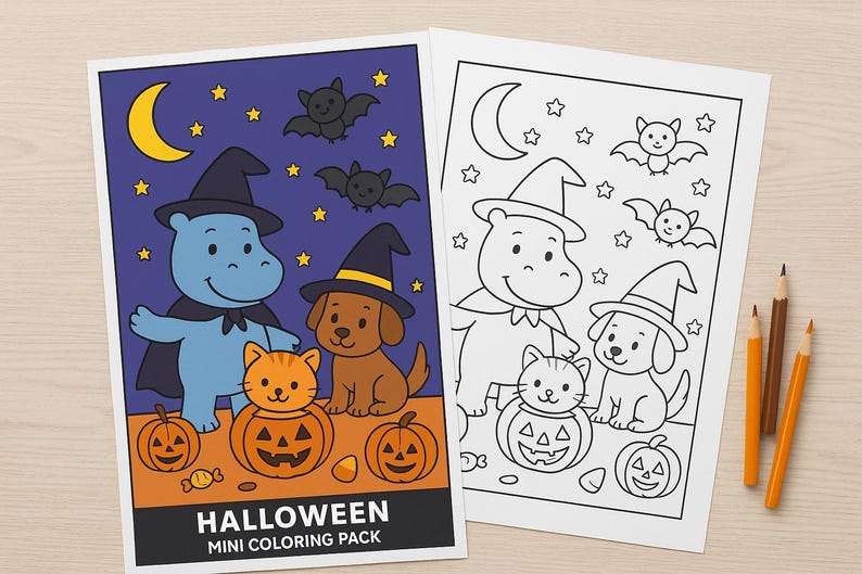 K&ouml;nnte beinhalten: Zwei Halloween-Malvorlagen. Eine ist farbig mit einem blauen Nilpferd, einem braunen Hund und einer orangefarbenen Katze, alle mit Hexenh&uuml;ten. Die andere ist eine Schwarz-Wei&szlig;-Umrisszeichnung. Der Text "HALLOWEEN MINI COLORING PACK" steht unten.