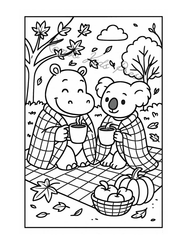 K&ouml;nnte beinhalten: Schwarz-Wei&szlig;-Illustration eines Nilpferds und eines Koalas, in Decken geh&uuml;llt, die Tassen halten. Ein Picknickkorb mit &Auml;pfeln und ein K&uuml;rbis befinden sich im Vordergrund. Herbstbl&auml;tter und B&auml;ume sind im Hintergrund.