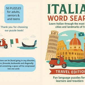 Peut inclure: Un livre de mots crois&eacute;s italiens color&eacute; avec des illustrations de monuments italiens, d'un scooter et d'une gondole. La couverture comprend le texte "50 puzzles pour adultes, seniors et adolescents" et "Travel Edition".
