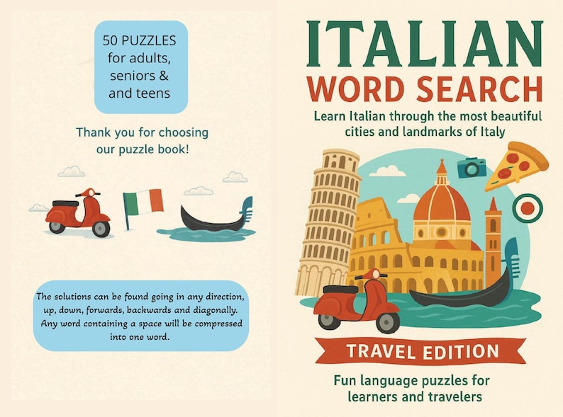 Peut inclure: Un livre de mots crois&eacute;s italiens color&eacute; avec des illustrations de monuments italiens, d'un scooter et d'une gondole. La couverture comprend le texte "50 puzzles pour adultes, seniors et adolescents" et "Travel Edition".