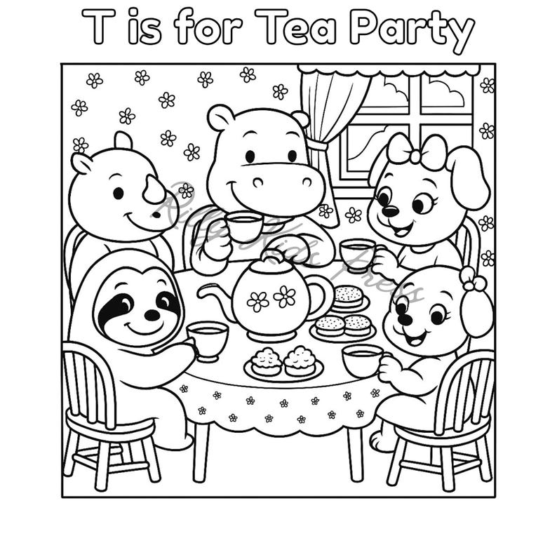 May include: Black and white illustration of a tea party with animal characters. The image features a rhino, hippo, sloth, and two dogs seated around a table with a teapot, cups, and treats. The text "T is for Tea Party" is at the top.