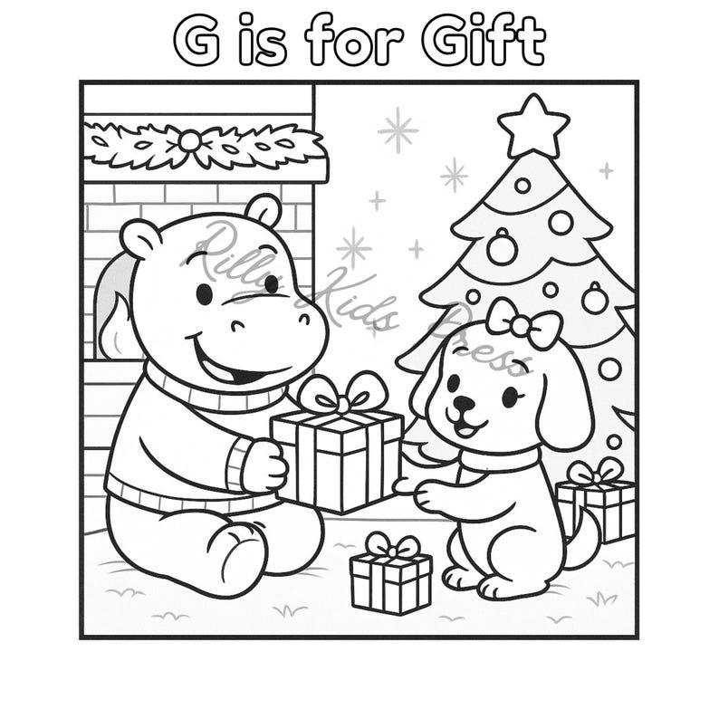 May include: Black and white illustration of a hippo and a dog exchanging gifts in front of a Christmas tree and fireplace. The text "G is for Gift" is at the top of the image. The image is a coloring page.