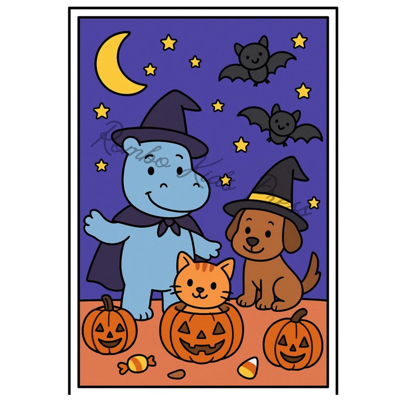 K&ouml;nnte beinhalten: Halloween-Illustration mit einem blauen Nilpferd und einem braunen Hund, beide mit Hexenh&uuml;ten und Umh&auml;ngen. Eine orangefarbene Katze sitzt in einem geschnitzten K&uuml;rbis. Der Hintergrund ist dunkelblau mit Sternen, Flederm&auml;usen, Mond und K&uuml;rbislaternen.