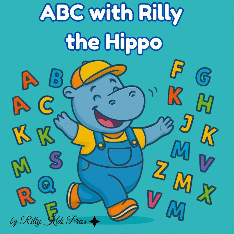 May include: A children's book cover featuring a cartoon hippo wearing overalls and a cap, surrounded by colorful letters of the alphabet. The title "ABC with Rilly the Hippo" is displayed at the top.