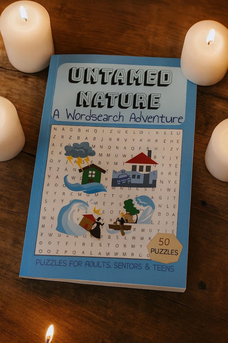 May include: A blue word search puzzle book titled "Untamed Nature" with 50 puzzles. The cover features illustrations of a house, car, and people in a boat. White candles are in the background.