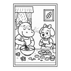 K&ouml;nnte beinhalten: Schwarz-Wei&szlig;-Illustration von zwei Zeichentrickfiguren, einem Nilpferd und einem Hund, die Kekse in einer K&uuml;che backen. Das Nilpferd verr&uuml;hrt in einer Sch&uuml;ssel, w&auml;hrend der Hund Kekse auf den Tisch legt. Verschiedene Keksformen sind sichtbar.