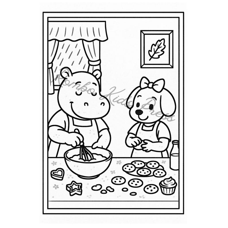 K&ouml;nnte beinhalten: Schwarz-Wei&szlig;-Illustration von zwei Zeichentrickfiguren, einem Nilpferd und einem Hund, die Kekse in einer K&uuml;che backen. Das Nilpferd verr&uuml;hrt in einer Sch&uuml;ssel, w&auml;hrend der Hund Kekse auf den Tisch legt. Verschiedene Keksformen sind sichtbar.